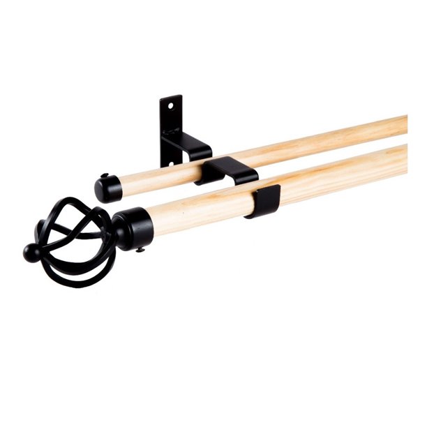 Set Doble De Barras Para Cortina 2,00 Mt Fijo De Madera Y Metal Diámetro 19/28 Mm Terminal Bola Alambre Color Negro