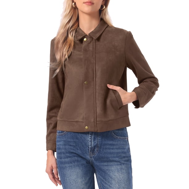INSPIRE CHIC Chaqueta de Imitación de Gamuza para Mujer con Cuello de Punta, Mangas Largas, Cremallera y Bolsillos Talla S Color Café