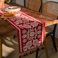 Todo Hogar Santiago De Chile - Camino De Mesa Retro Vintage Con Borlas - Rojo