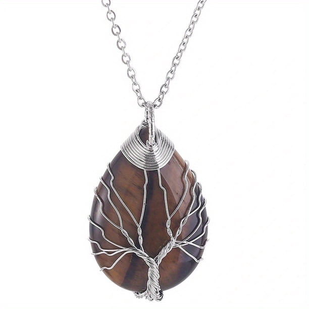 Healing Stones Tree of Life Necklace with Tiger Eye and Amethyst Crystals - Chakra Jewelry for Men and Women - Copper Wire Wrap Gemstone Pendant