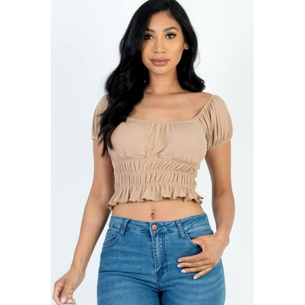 Top Casual de Punto Acanalado Liso con Mangas Abullonadas Fruncidas
