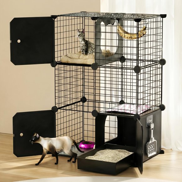Recinto para Gatos PAWING de 3 Niveles en Alambre Metálico con Caja de Arena
