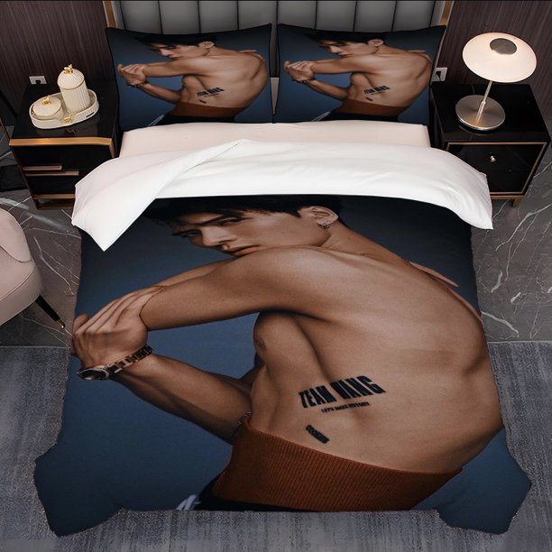 3pcs Jacky Yong Strong Back TEAM WANG Graphic K-Pop Ins Style Bedding Duvet Cover and Pillowcases with Multi Color Prints