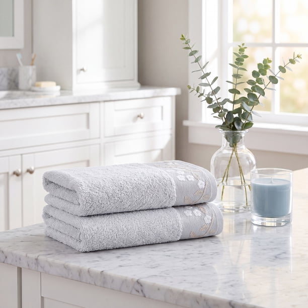 REGALWOVEN Toallas de Mano Bordadas con Flores, Juego de Toallas Suaves y Absorbentes de Algodón Puro para Baño, Cocina, Spa, Gimnasio, Decoración del Hogar Gris 4 Piezas
