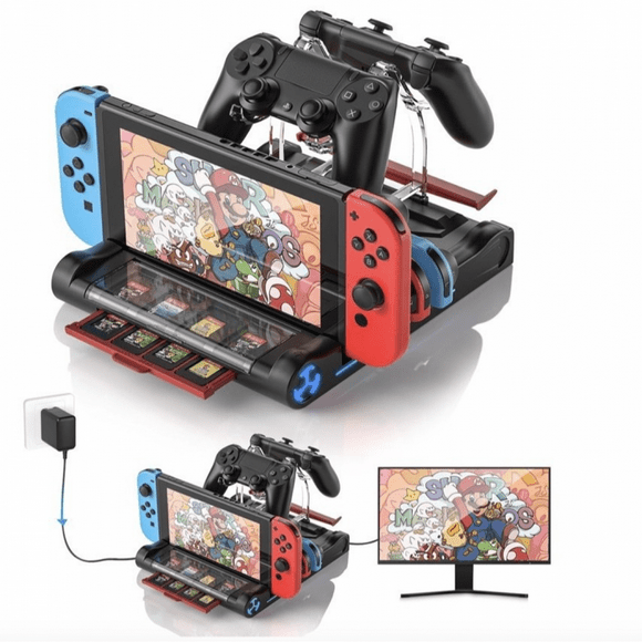 Base multifuncional para Nintendo Switch/Switch OLED - Centro de carga con salida HDMI 4K Capacidad para 4 Joycons y 2 mandos Pro + 8 tarjetas de juego Carga rápida 95W PD-Negro