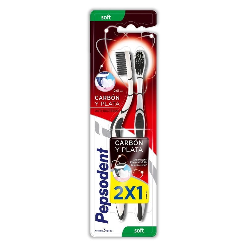 Cepillo De Dientes Suave Antibacterial Carbón Y Plata 1 Un Pepsodent