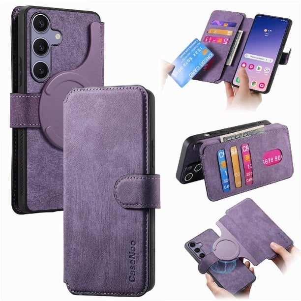 Funda Billetera Magnética para Samsung Galaxy S25 Soporte Tarjetas Desmontable Morado