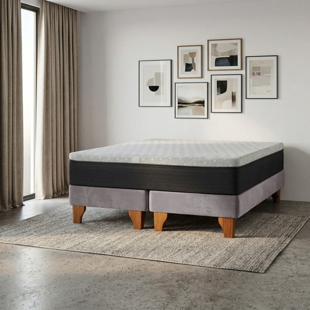 Cama Europea New Top Colchon Resortes 23 Cm 2 Plazas Base Dividida Tela Velvet Gris