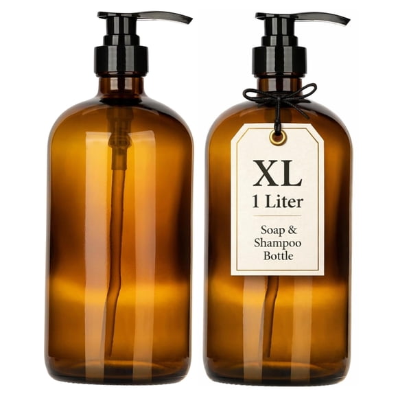 Set de 2 Botellas de Vidrio Ámbar con Bomba 1L kitchentoolz