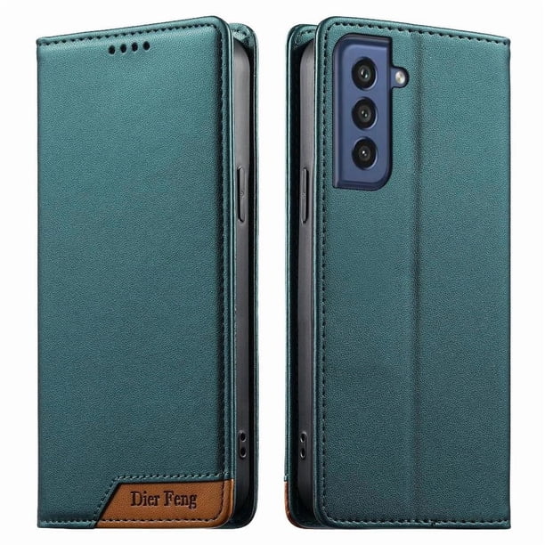 Funda Tipo Cartera de Cuero Sintético para Samsung Galaxy S21 FE Bloqueo RFID, con Ranuras para Tarjetas y Bolsillo para Efectivo, Cierre Magnético Fuerte Verde