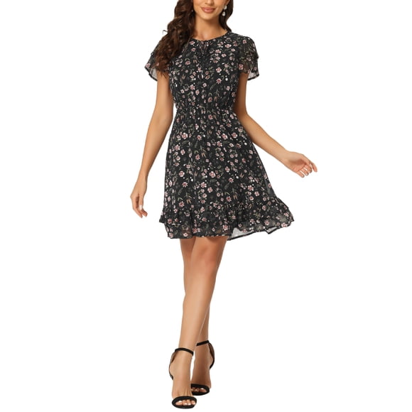 Vestido de Chifón Floral con Volantes y Escote en V con Lazo para Mujer INSPIRE CHIC, por Encima de la Rodilla, Negro, Talla M