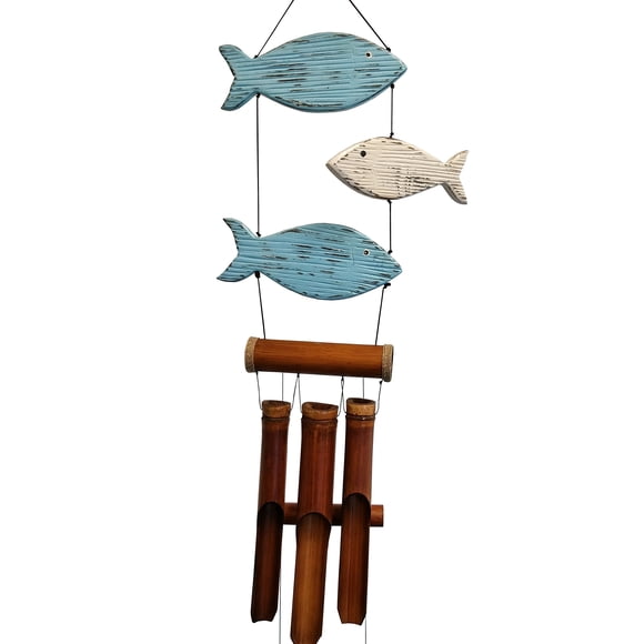 Wind Chime Cohasset Gifts Fun Fun Fish Bamboo Azul y Blanco