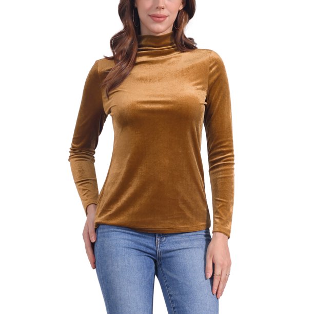 INSPIRE CHIC Blusa de Mujer de Terciopelo Elástico con Cuello Simulado de Manga Larga Suave para Otoño Invierno M Marrón
