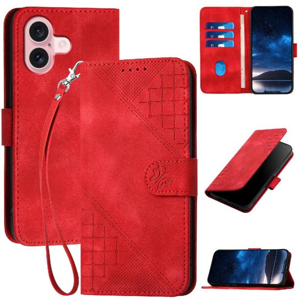 Funda Flip Premium Fibra de Carbono para iPhone 16 con Soporte y Cierre Rojo