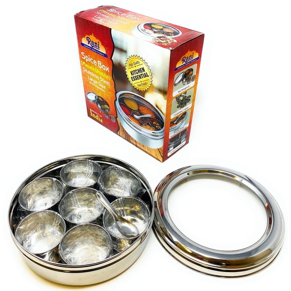 Caja de especias Rani Brand de 23 cm, 7 compartimentos, acero inoxidable