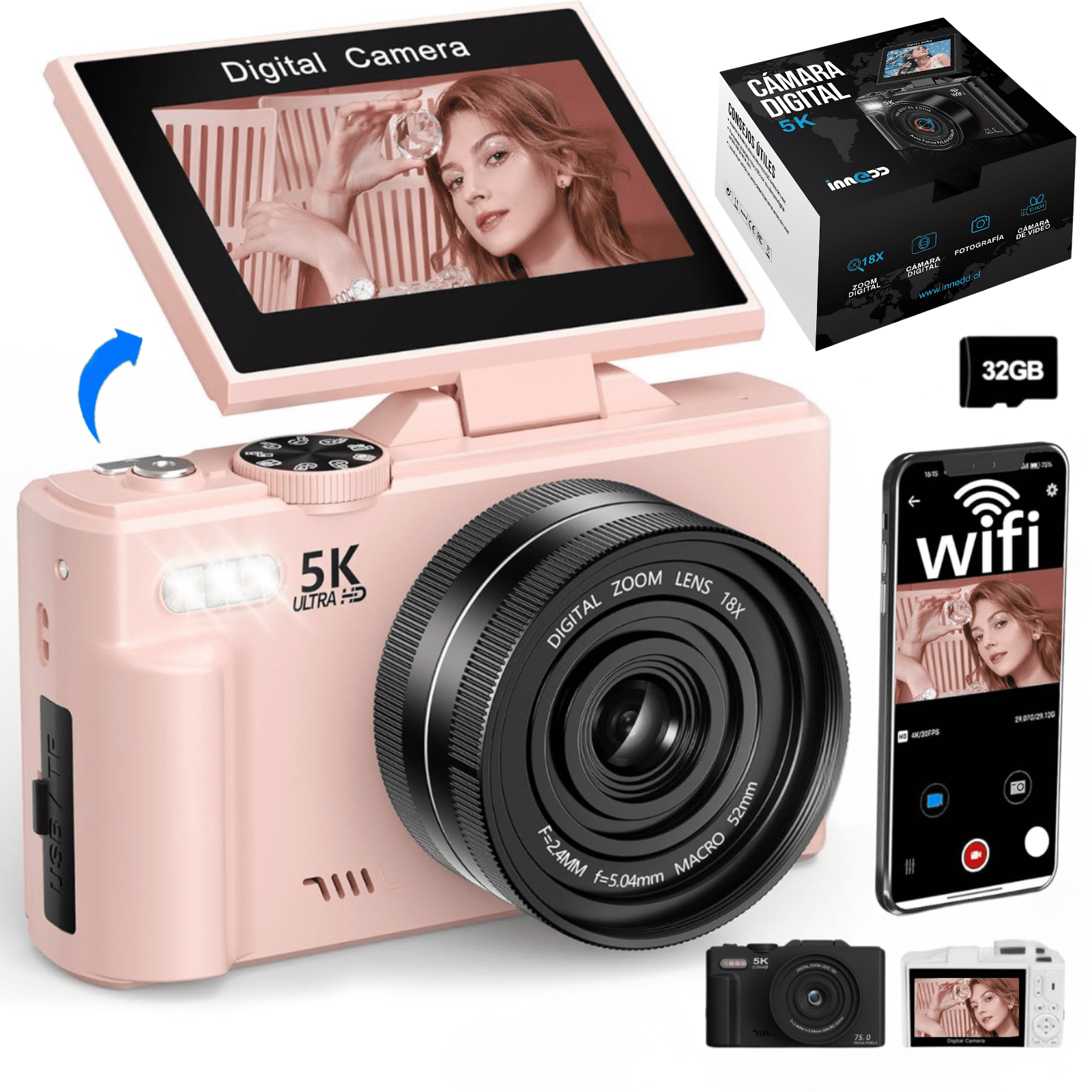 Innedd - Cámara 5k Digital Fotografíca 75mp Con Pantalla Giratoria - Rosa