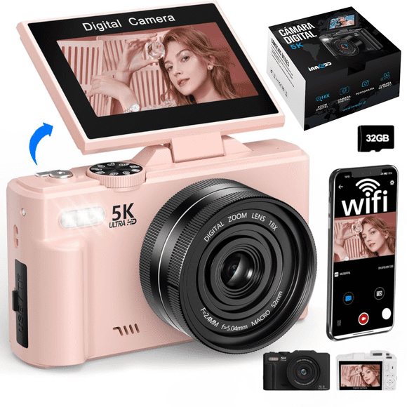 Cámara 5K Digital Fotografíca 75MP con Pantalla Giratoria - Rosa