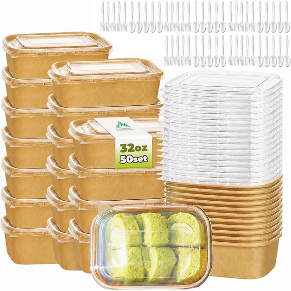 Kaderron Pack de 50 bowls grandes de papel de 32 oz con tapas y cubiertos