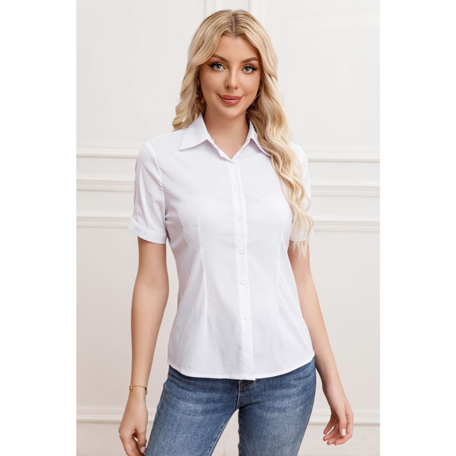 Likeshop - Blusa Mujer Manga Corta Elasticada Lisa Botones Formal 0057