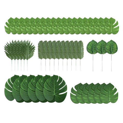 Magideal - 90 Piezas De Hojas Tropicales, Hojas De Palma, 6 Tipos, Creativas Vívidas Artificiales, Hojas De Selva, Hojas De Monstera Para Fiesta Hawaiana