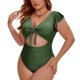 thumbnail image 4 of Agnes Orinda Traje de baño de una pieza para mujer de talla grande, estilo escolar, mangas cortas, recortes, volantes, lazo al frente, ideal para la playa, 4X, verde militar, 4 of 9