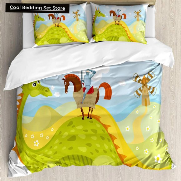Fantasy Duvet Cover Knight Don Quixote Horse on Dragon Valley Medieval Image Print Double Size Polyester Qulit Cover Bed Sheets