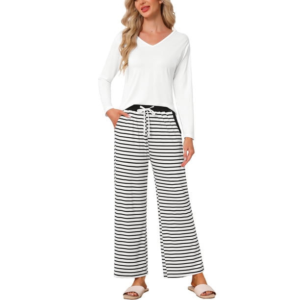 INSPIRE CHIC Conjunto de Pijama de Manga Larga para Mujer con Cuello en V, Pantalones de Estar a Rayas con Bolsillos y Cintura Ajustable S Blanco