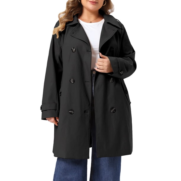 Abrigos de Trinchera para Mujer de Talla Grande Agnes Orinda con Solapa de Muesca, Doble Botonadura, Capucha Desmontable, Abrigos de Invierno Midi con Bolsillo 3X Negro