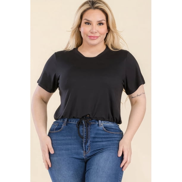 Saronite Top Corto Básico de Manga Corta con Lazo Frontal, Negro (Talla Grande para Mujer)
