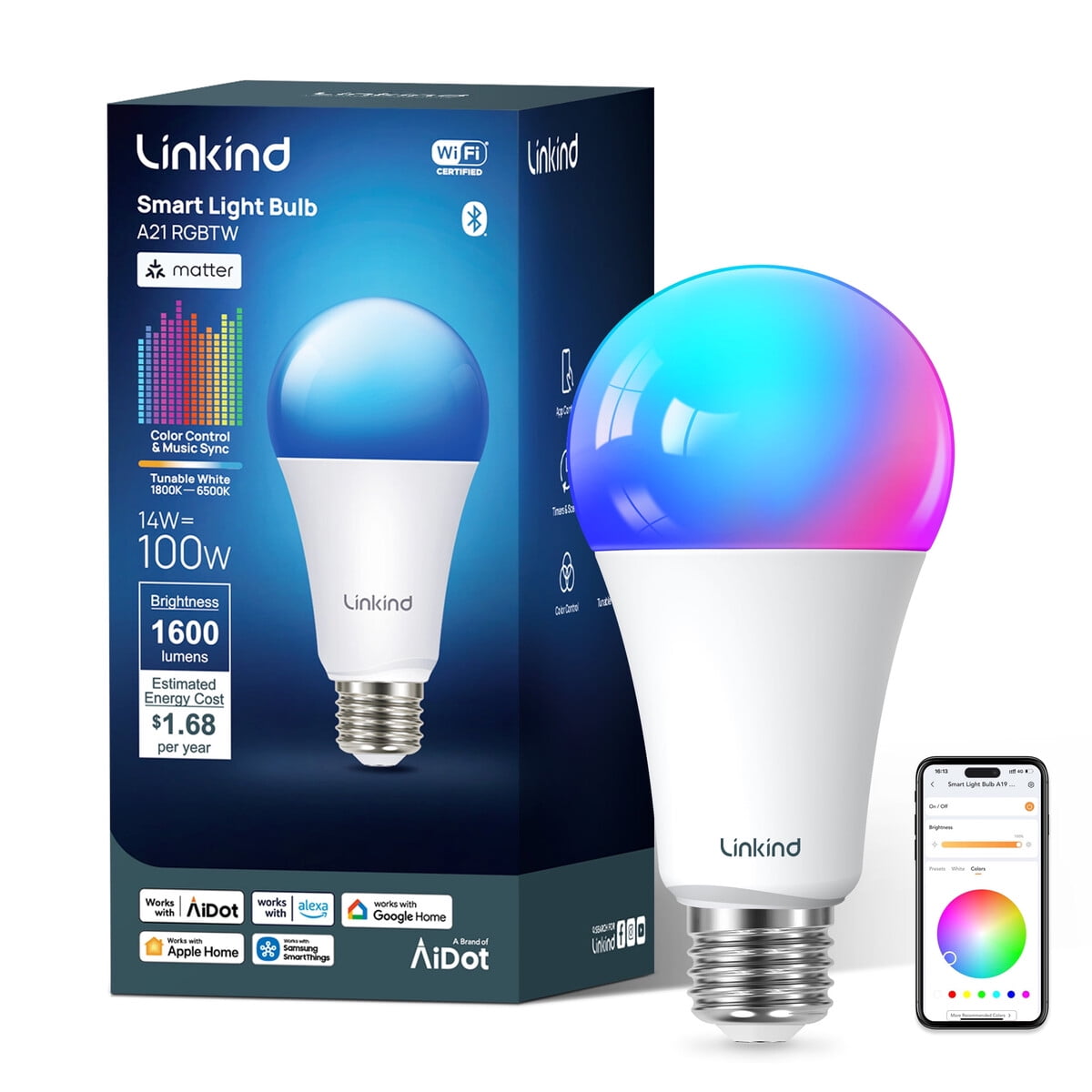 Ampolleta Led Inteligente Linkind A21 1600lm Rgbw Wifi Matter E26