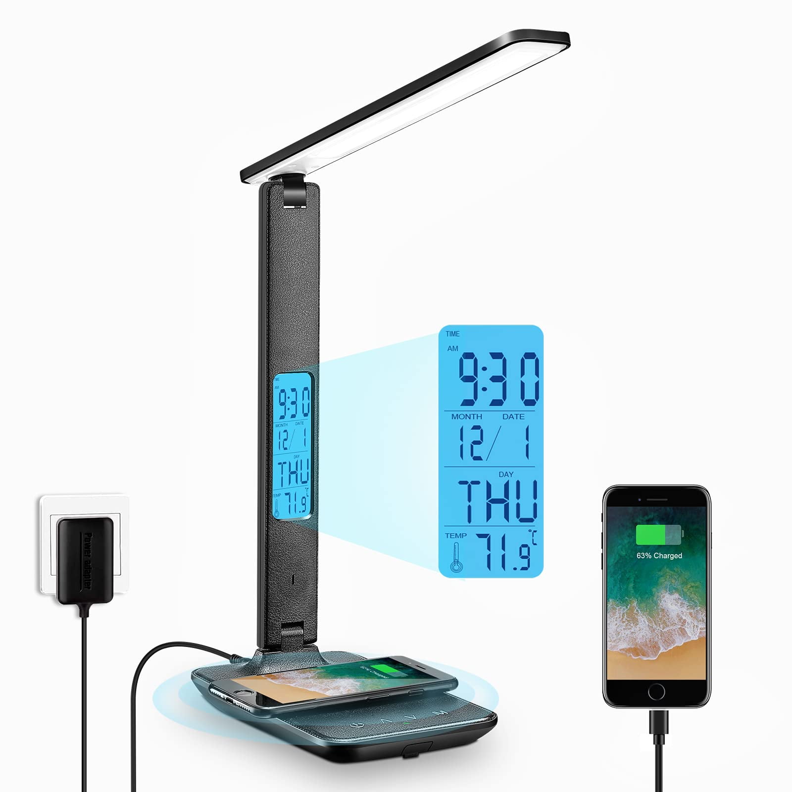 Lámpara De Escritorio Led Laopao Con Cargador Inalámbrico, Puerto Usb Y Reloj
