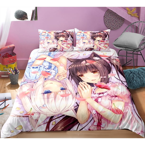 Cute Anime Cat Maid Pattern NEKOPARA 3pcs Bedding Set Gameing Duvet Cover and Pillowcase Bedroom Decorate for Otaku Teens Bed Sheets