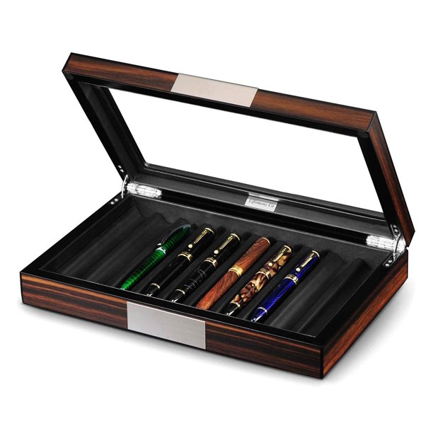 Caja para bolígrafos Lifemenz Co de 10 compartimentos con tapa de madera y vidrio, 31 × 20 × 6 cm