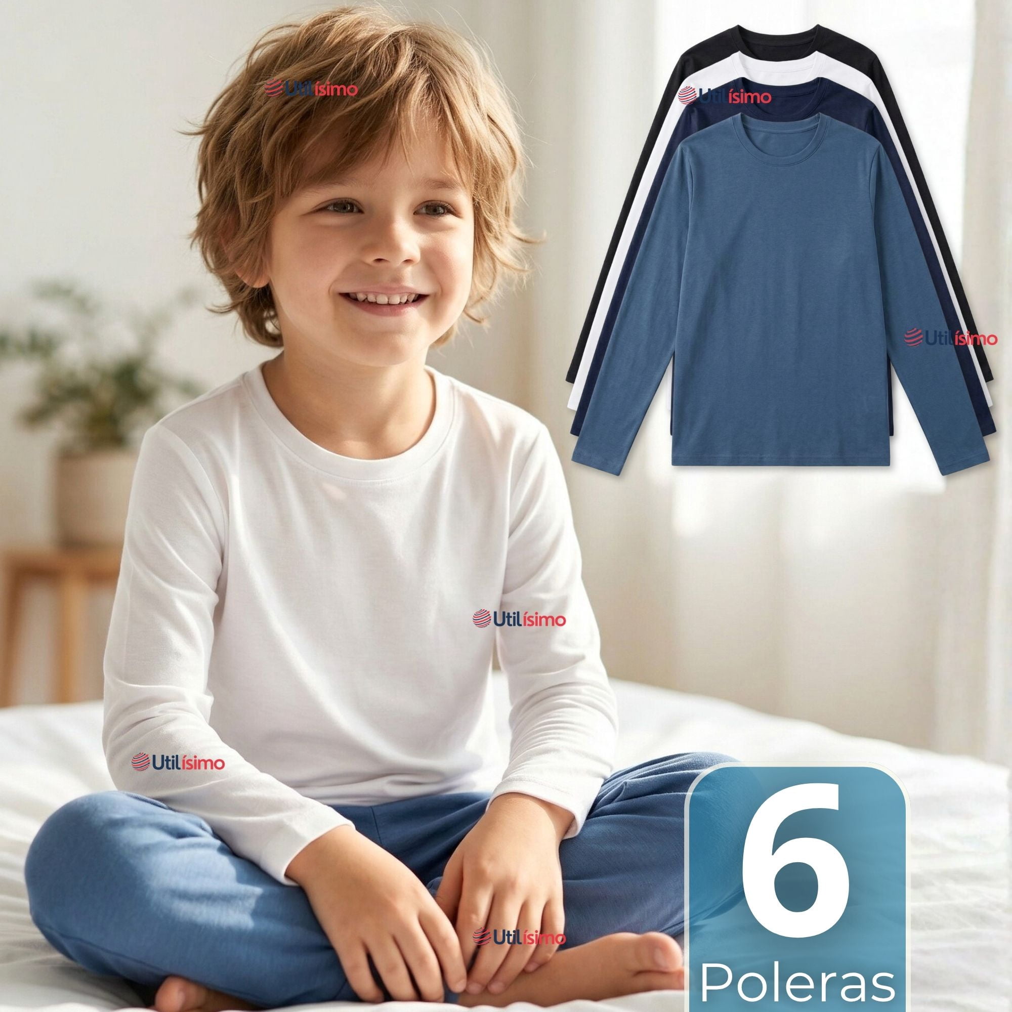 Utilisimo - Pack 6 Poleras Camisetas Bambú Cuello Redondo Primera Capa Manga Larga Colores Surtido Niño