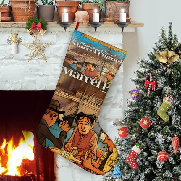 La Vida Magnífica de Marcel Pagnol Tema: Calcetines de Navidad, fino lino blanco para colgar en escaleras y chimenea, decoración navideña para el hogar, regalo de Navidad.54cm×38cm