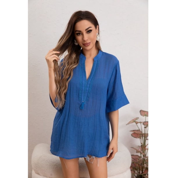 Blusa Mujer Lino Algodón Premium Liviana Cuello Mao 8057