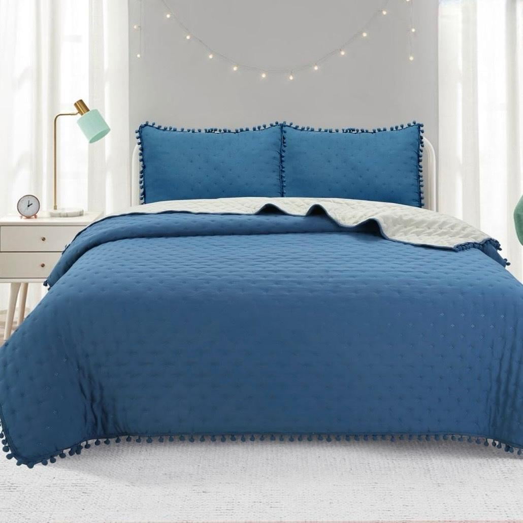 Todo Hogar Santiago De Chile - Cubrecama De Algodón Con Pompones King - Azul