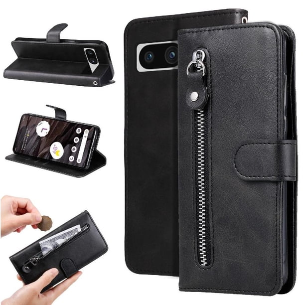 Funda tipo cartera para Google Pixel 7A con bolsillo con cremallera y ranuras para tarjetas – Función de soporte Negro
