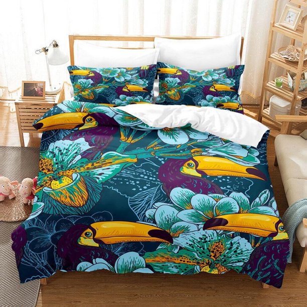 Cartoon Toucans Flower Animal Quilt Duvet Cover Set Bedspread Comforter Cover3-Piece Bedding Set