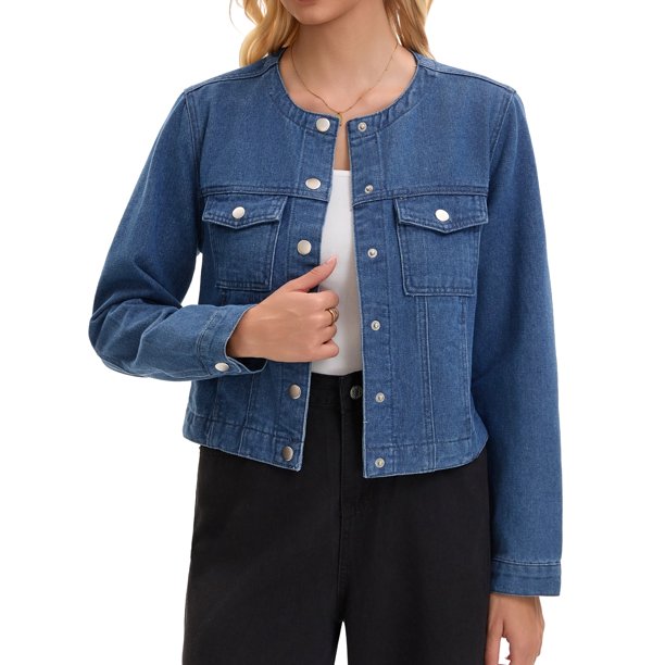 INSPIRE CHIC Chaqueta de Jean Recortada para Mujer sin Cuello 2025 Occidental de Manga Larga Chaquetas de Mezclilla S Azul