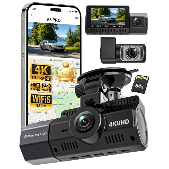 Cámara de tablero Eivikga 3 canales 4K WiFi 6 GPS 64 GB