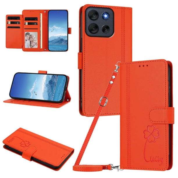 Funda Cartera Trébol para Motorola Moto G56 con Ranuras Tarjetas y Carga Inalámbrica Naranja