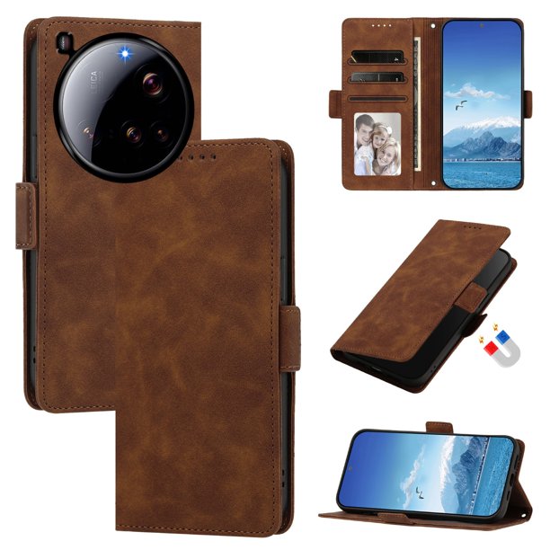 Funda Billetera Delgada para Xiaomi 15 Ultra con Ranuras y Soporte Marrón