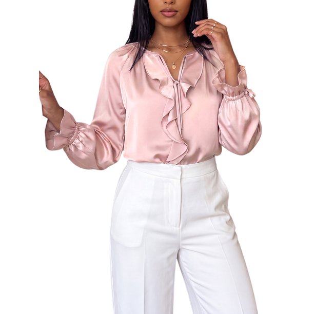 INSPIRE CHIC Camisas de Mujer con Volantes y Botones, Blusas de Manga Larga con Lazo en el Cuello en V, Talla Extra Grande, Rosa
