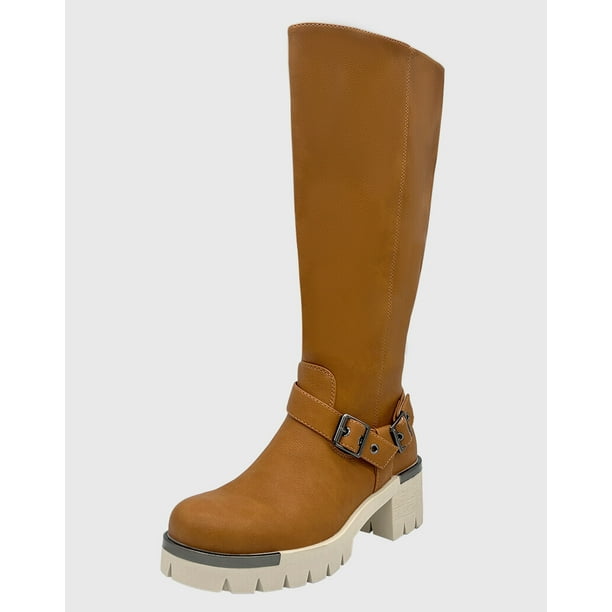 Bota para mujer Cafe bajo la rodilla correa con hebilla