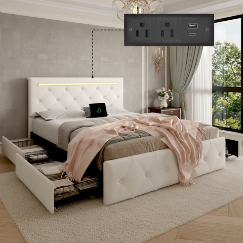 M&Ms - Full Size Bed Frame With Led Light And 4 Storage Drawers, Pu Upholstered Bed Frame With Adjustable Headboard, Diamond Crystal Button, Charging Station, Metal Frame, No Box Spring Needed, White