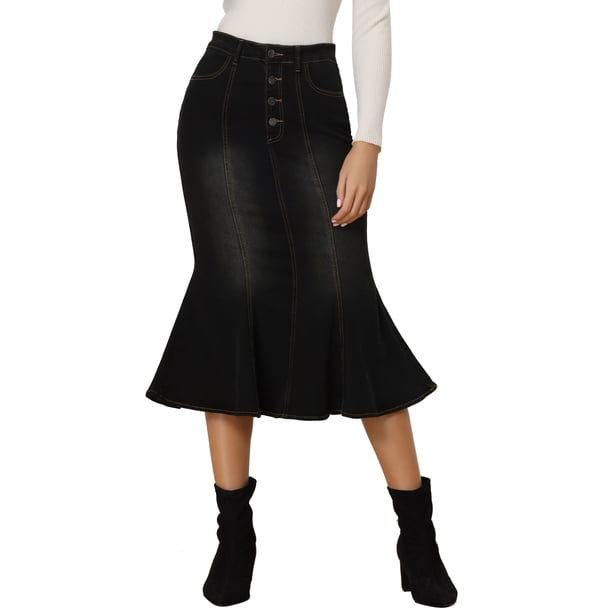 INSPIRE CHIC Falda de Cola de Sirena para Mujer Vuelta al Cole para Mujer Maxi Falda de Mezclilla Desgastada Negra L