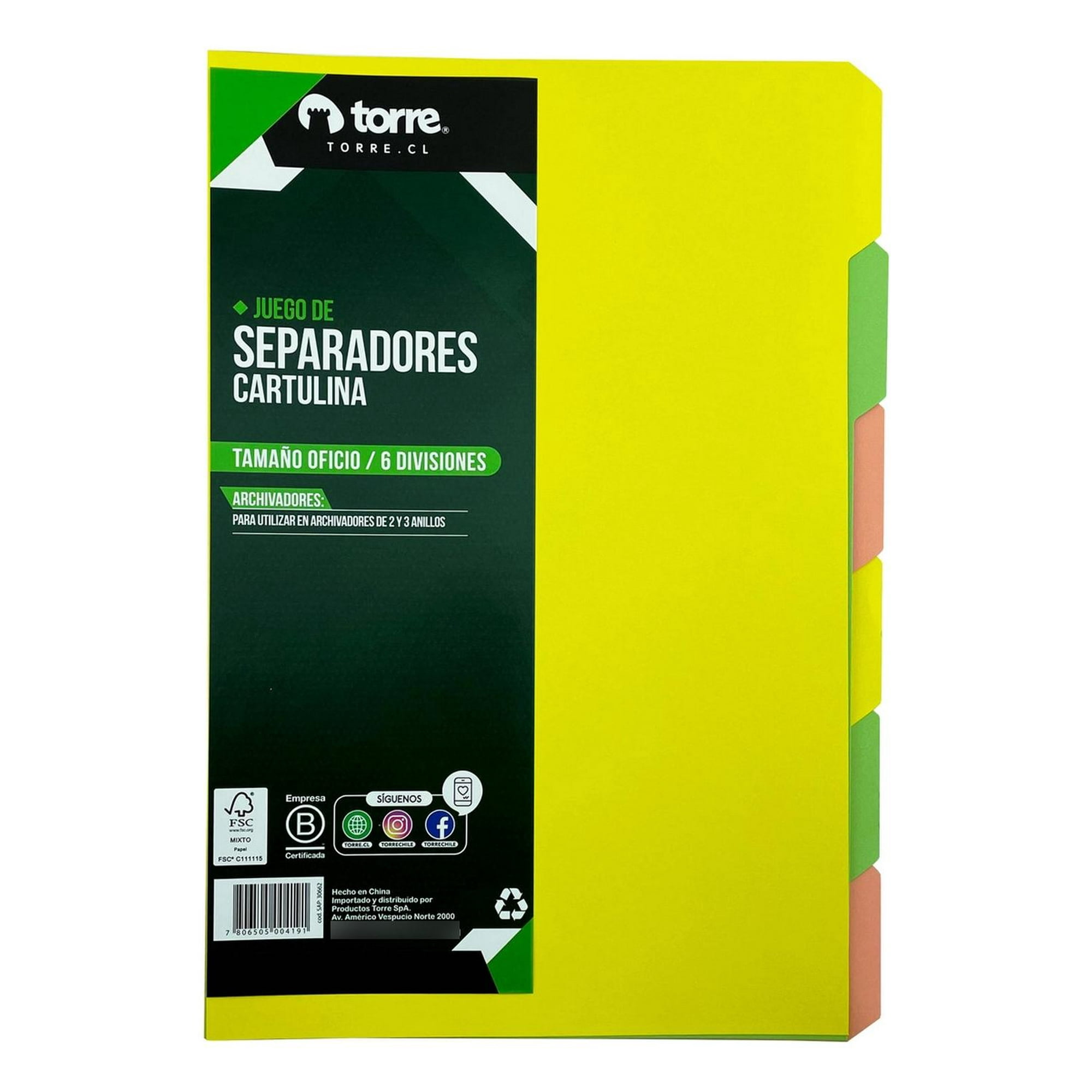 Separadores Cartulina 6 Divisiones Tamaño Oficio. Torre