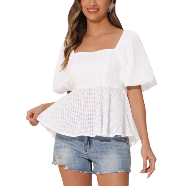 INSPIRA CHIC Lazo de mariposa en la espalda para blusa casual de cuello cuadrado con mangas abullonadas para mujer L Blanco