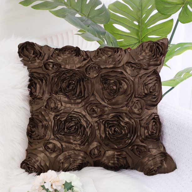 PiccoCasa Funda de Cojín con Flores de Rosa Satinadas 3D, Fundas de Cojín Puras para Sofá, 16" x 16" Color Café